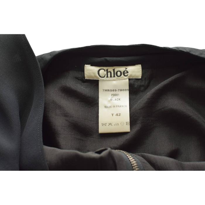 Chloe Black Silk Zipper Front Open Back Short Sleeves w. Slits Mini Dress sz 42