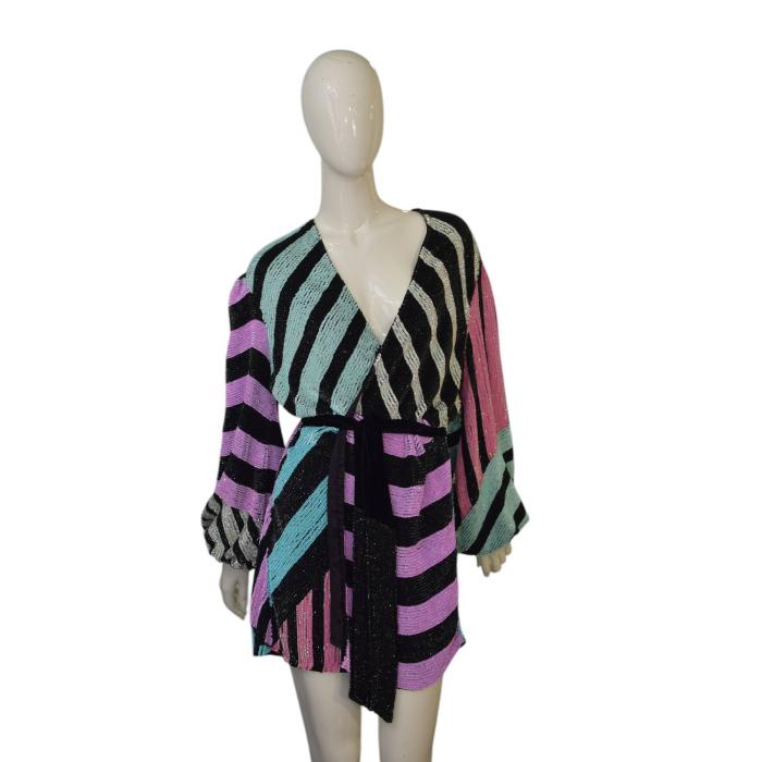Retrofete Multicolor Fully Sequined Long Sleeves Short Mini Wrap Dress size S