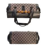 Gucci Black Leather Bamboo Bullet Satchel Canvas & Leather Shoulder Bag handbag