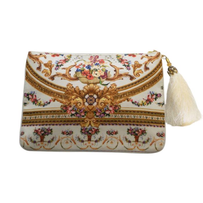 Camilla Multicolor Fabric Rhinestones Zip Opening w. Tassel Clutch Bag Handbag