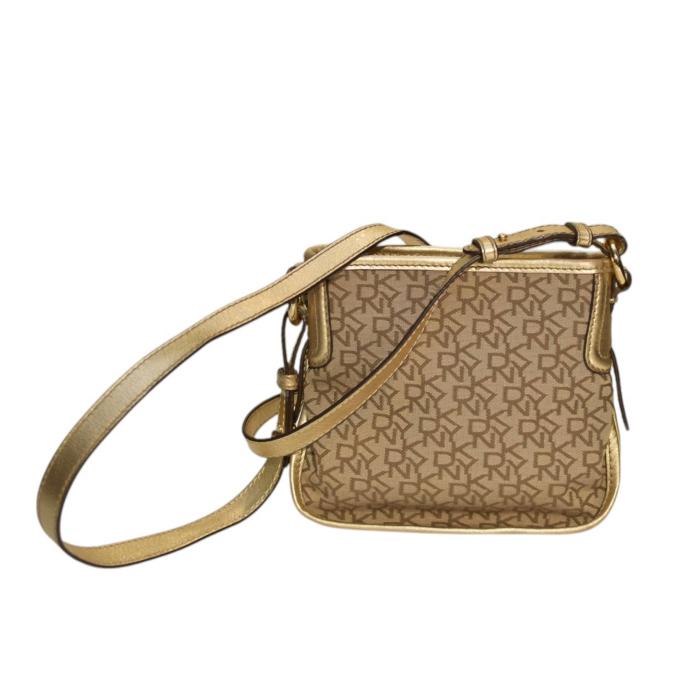 Donna Karan DKNY Signature Beige Canvas Gold Leather Crossbody Shoulder bag