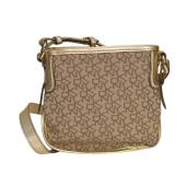 Donna Karan DKNY Signature Beige Canvas Gold Leather Crossbody Shoulder bag