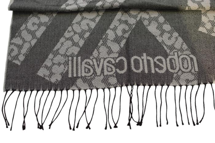 Roberto Cavalli Gray Hues Logo Acrylic Long Rectangle Scarf Foulard Wrap