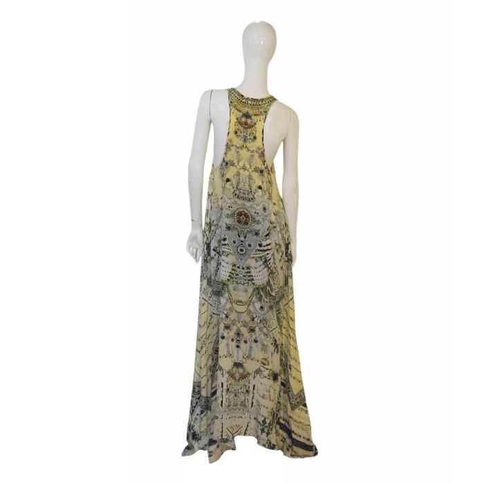 Camilla Printed & Beaded 100% Silk Cream Sleeveless Long Summer V Neck Racerback dress