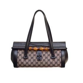 Gucci Black Leather Bamboo Bullet Satchel Canvas & Leather Shoulder Bag handbag