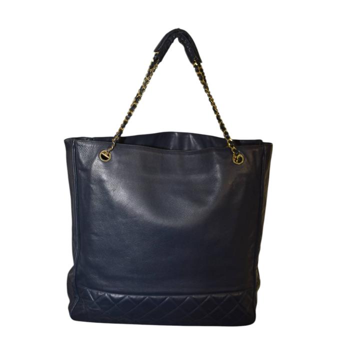 CHANEL Vintage Blue-Black Calfskin Leather large tote bag with gold tone hardware