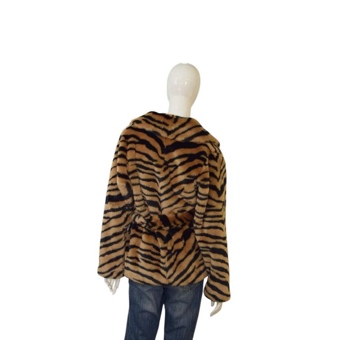 STAND STUDIO Tiffany Short Tiger Print Faux Fur Belted Jacket In Classic Tiger