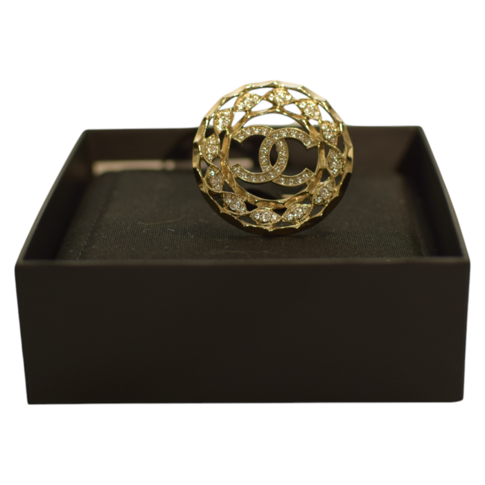 Chanel round wreath gold tone safety pin brooch with crystals