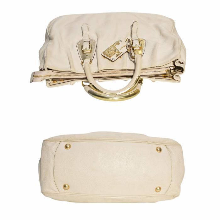 Prada off White Leather Bowler Handbag Calfskin Bauletto bag with long strap