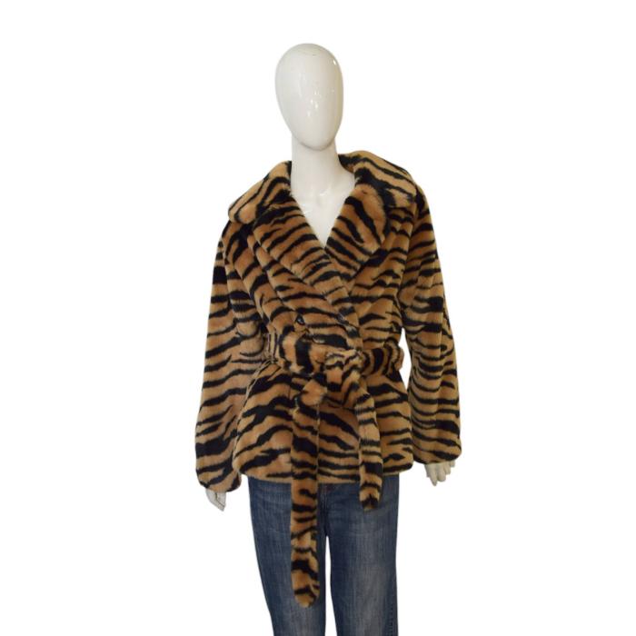 STAND STUDIO Tiffany Short Tiger Print Faux Fur Belted Jacket In Classic Tiger