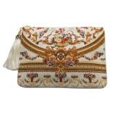 Camilla Multicolor Fabric Rhinestones Zip Opening w. Tassel Clutch Bag Handbag