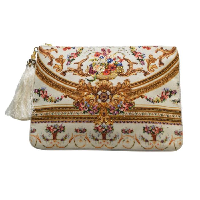 Camilla Multicolor Fabric Rhinestones Zip Opening w. Tassel Clutch Bag Handbag