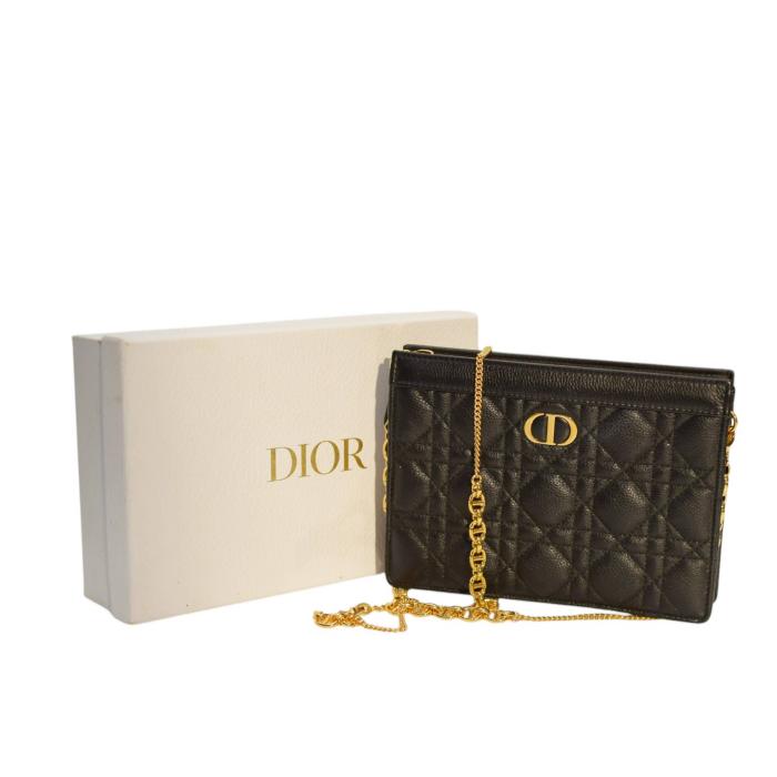 Christian Dior Caro Every Dior Pouch in Black Supple Cannage Calfskin with gold hardware