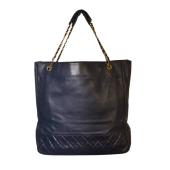 CHANEL Vintage Blue-Black Calfskin Leather large tote bag with gold tone hardware