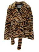 STAND STUDIO Tiffany Short Tiger Print Faux Fur Belted Jacket In Classic Tiger