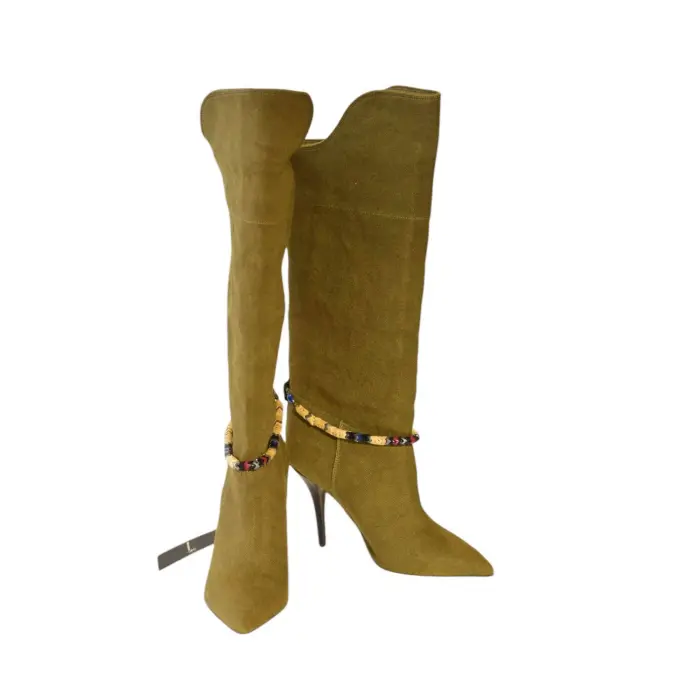 Isabel Marant Franklin Green Cloth Canvas Black Leather Trim Boot