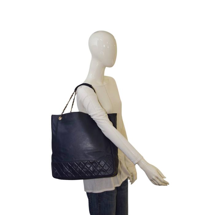 CHANEL Vintage Blue-Black Calfskin Leather large tote bag with gold tone hardware