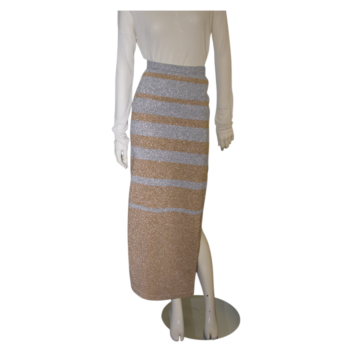 Paco Rabanne Metallic Gold Silver Knit Elastic Long Maxi Skirt size S