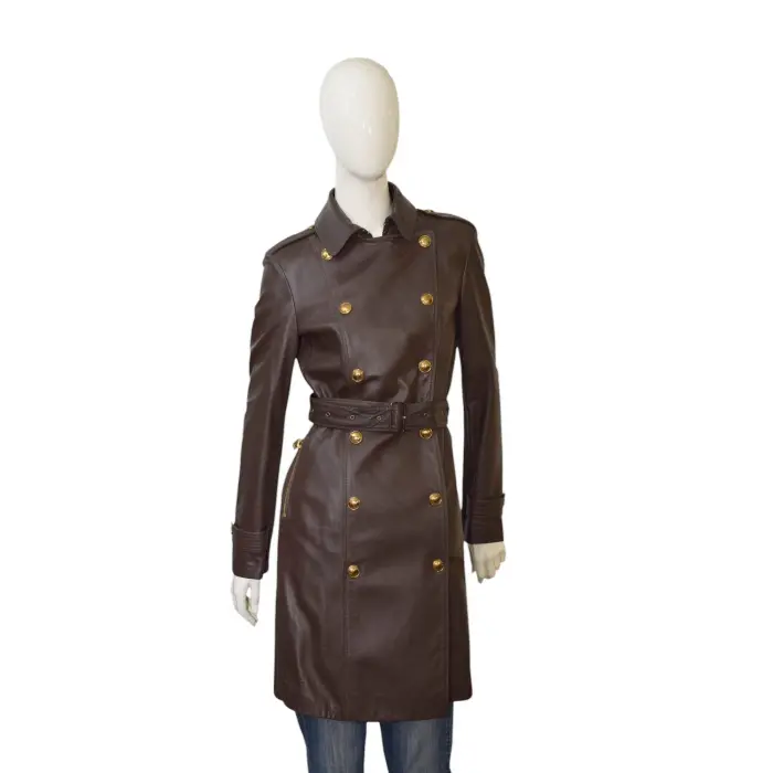 Burberry brown womans mid length leather jacket coat with gold