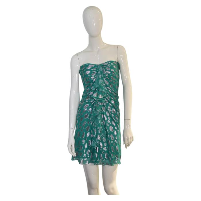 Jay Ahr Turquoise Silver Strapless Silk Mini Length Draped Dress size M