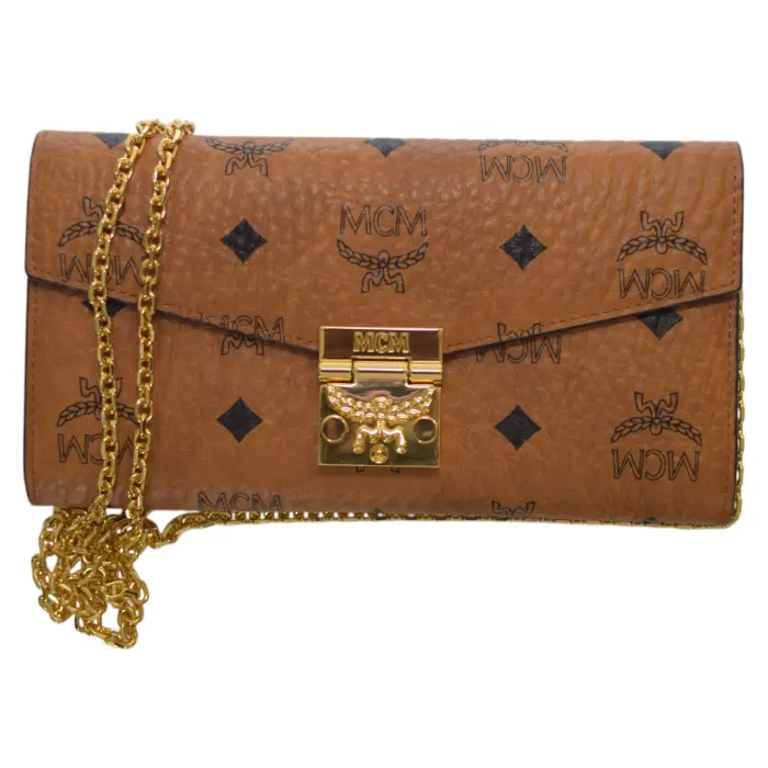 MCM Patricia Visetos Canvas Gold Tone Crossbody Chain Wallet