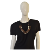 Ethnic Tribal Wooden Discs Leather Cream V- Shaped Heavy Bone Necklace