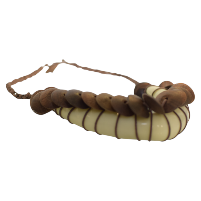 Ethnic Tribal Wooden Discs Leather Cream V- Shaped Heavy Bone Necklace