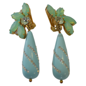 Katerina Psoma Blue Turquoise Crystal Flower Teardrop Clip on Dangling  Earrings