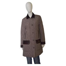 Barbour Beige Brown Check Quilted Leather Trim Button Zip Jacket Coat Size UK 14