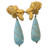 Katerina Psoma Blue Turquoise Crystal Flower Teardrop Clip on Dangling  Earrings