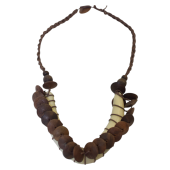 Ethnic Tribal Wooden Discs Leather Cream V- Shaped Heavy Bone Necklace