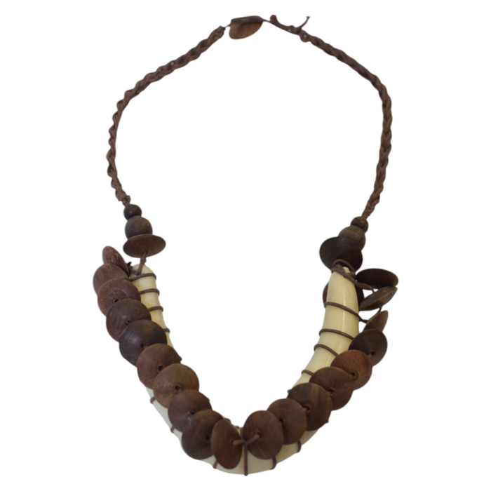 Ethnic Tribal Wooden Discs Leather Cream V- Shaped Heavy Bone Necklace