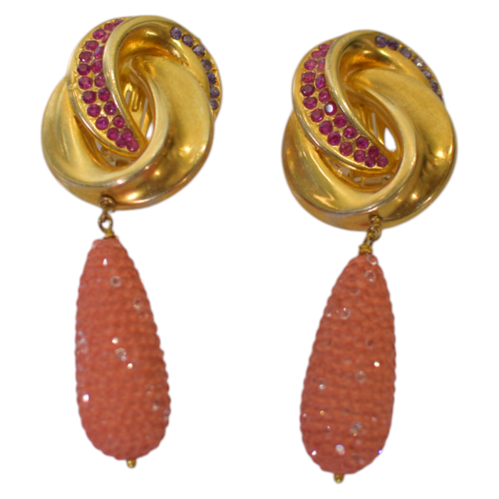 Katerina Psoma Gold Tone Red Teardrop Crystals Clip on Dangling  Earrings