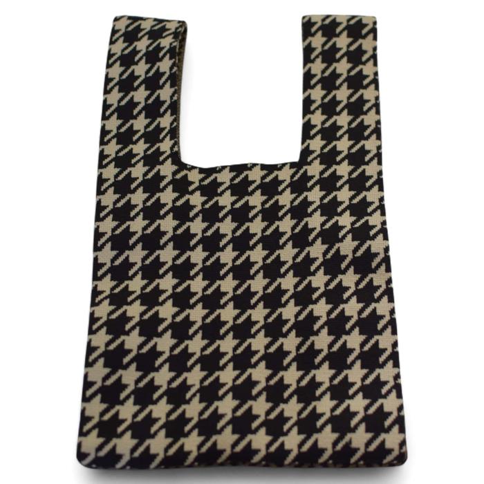 Black Cream Brown Knit Herringbone Houndstooth Small Pouch Grab Bag Handbag