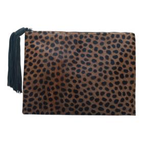 Φτερά Nora Calf Hair Leopard Print Δερμάτινη τσάντα με φερμουάρ με φερμουάρ
