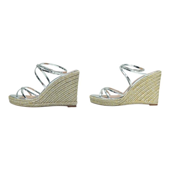 Aquazzura Silver Leather Strappy Shiny Wedges Sandal Shoes size 37