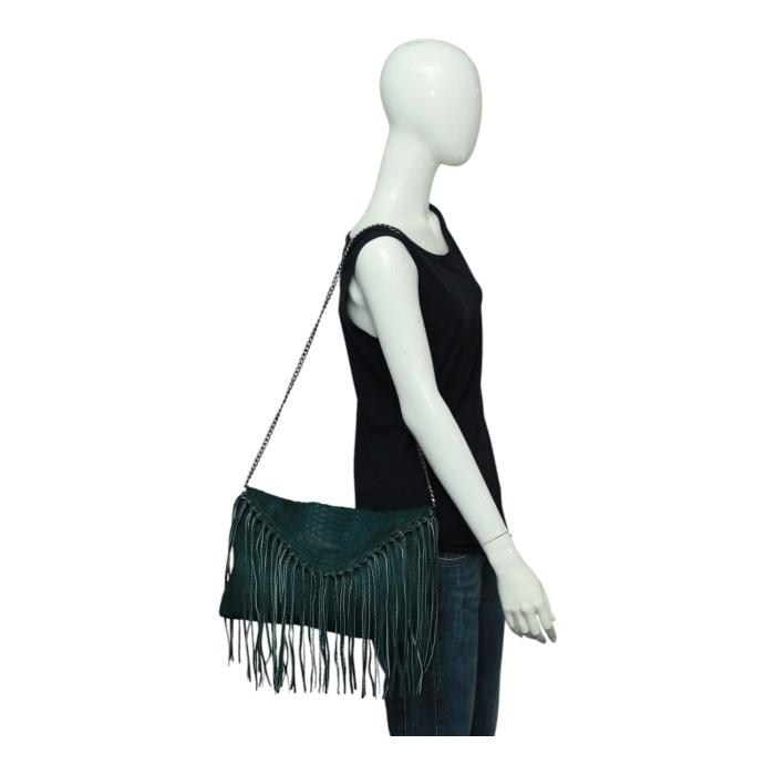 Wings Green Snakeskin Leather Fringes Chain Strap Shoulder Bag Handbag