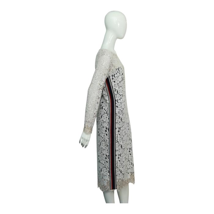 Pinko Ivory Lace Side Stripes Long Sleeves Knee Length Dress