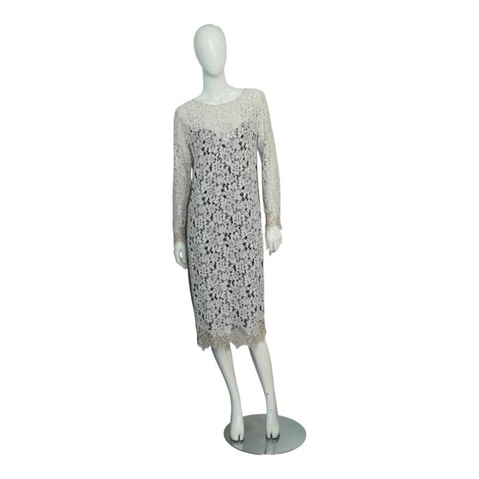 Pinko Ivory Lace Side Stripes Long Sleeves Knee Length Dress