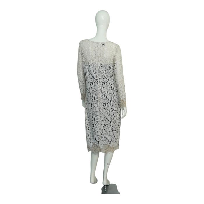 Pinko Ivory Lace Side Stripes Long Sleeves Knee Length Dress