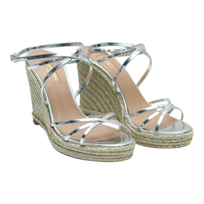 Aquazzura Silver Leather Strappy Shiny Wedges Sandal Shoes size 37