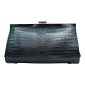 Black  Leather Snake Pattern Frame Clutch Evening Bag Handbag