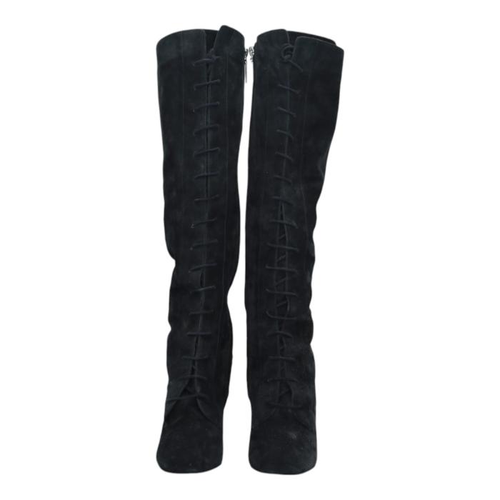 Saint Laurent Black Suede Lace up Knee High Boots Heels Shoes size 38,5
