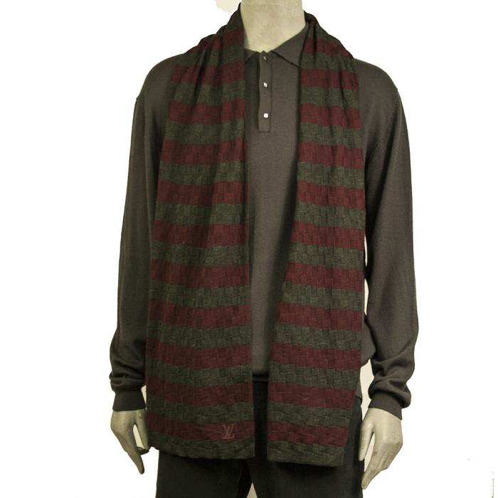 Louis Vuitton gray & burgundy wool & cashmere LV damier pattern mens long scarf