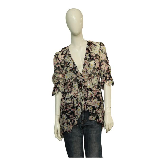 Blumarine Floral Pattern Silk Top Short Sleeves Ruffles Tunic Blouse sz 42