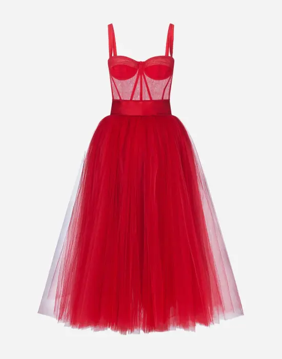 Dolce & Gabbana Red Tulle Bustier Midi Dress Red Carpet Eveneing Gown sz 40 retailed at around $5000