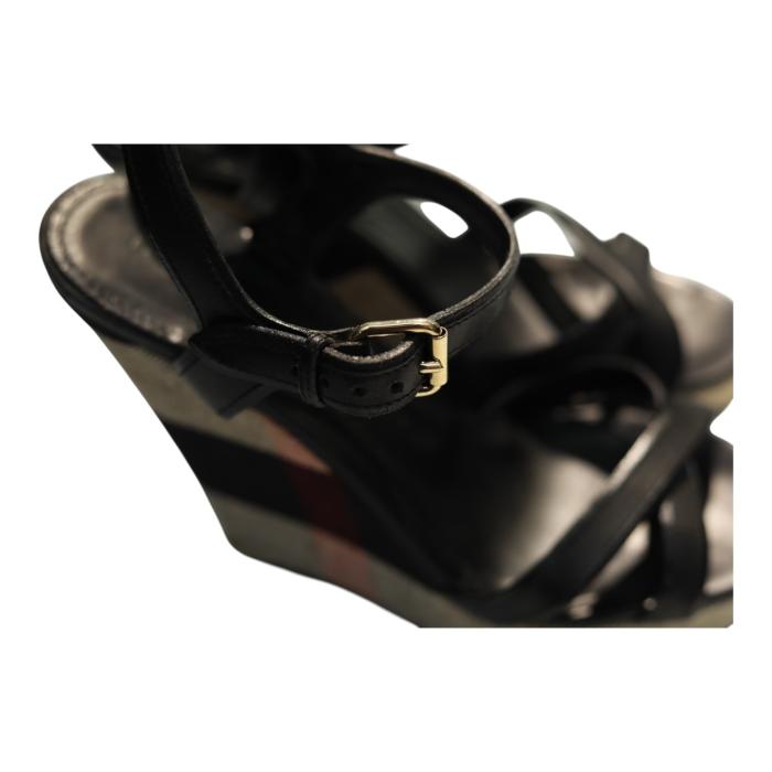 Burberry Black Leather Signature Check Wedges Platform Strappy Sandals Shoes 40