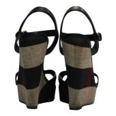 Burberry Black Leather Signature Check Wedges Platform Strappy Sandals Shoes 40