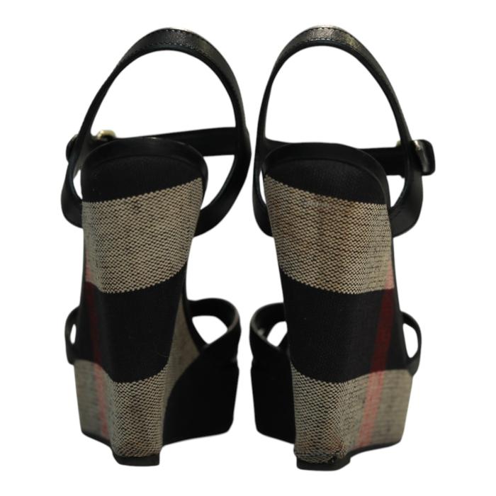 Burberry Black Leather Signature Check Wedges Platform Strappy Sandals Shoes 40