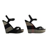 Burberry Black Leather Signature Check Wedges Platform Strappy Sandals Shoes 40